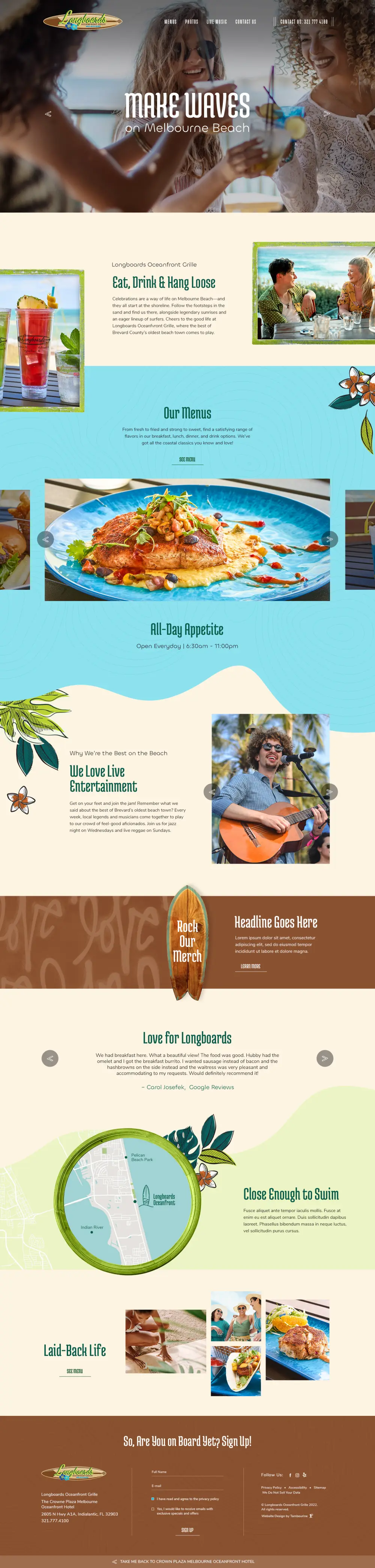 Página de Longboards con identidad costera, módulos de menú y entretenimiento.